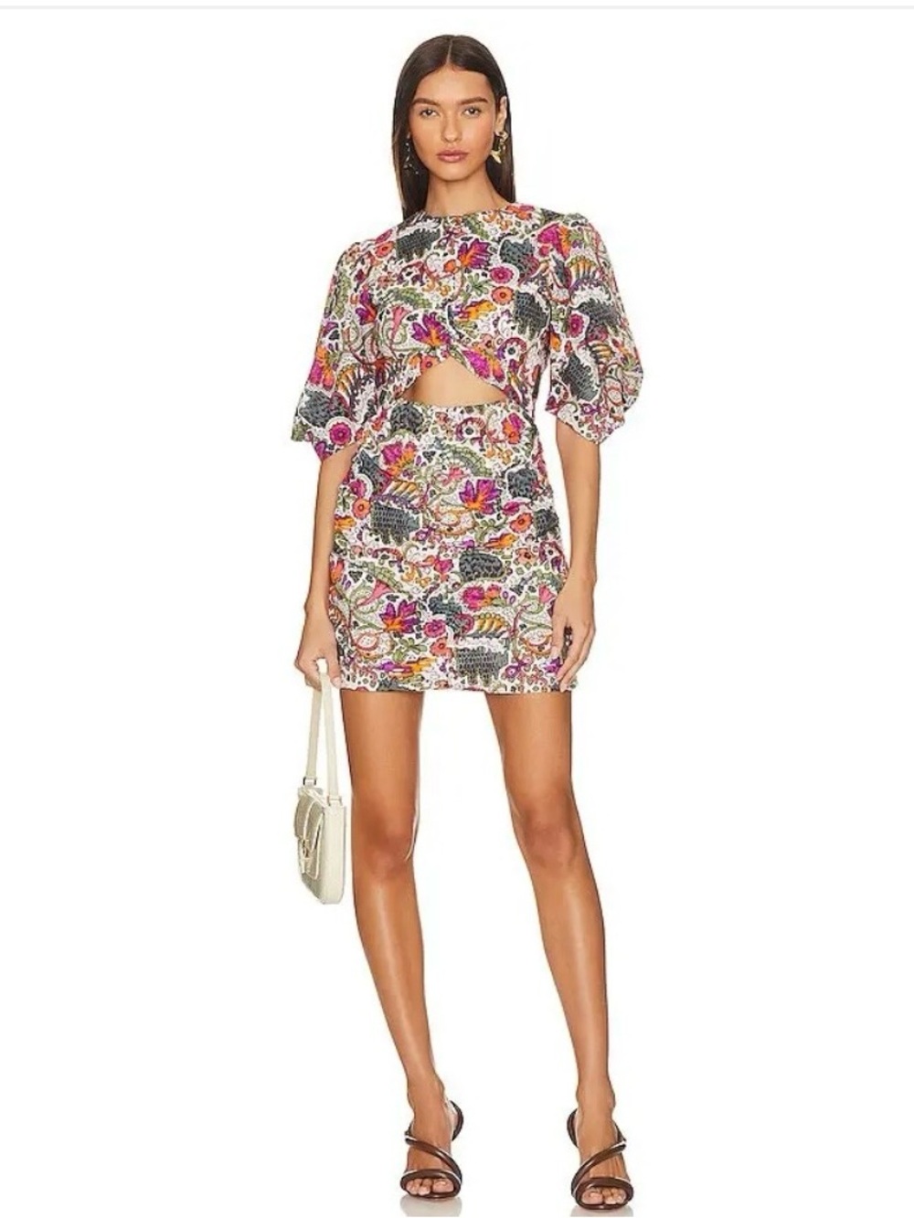 Rhode Isla Cream Lamu Mini Cutout Puffed Sleeve Dress